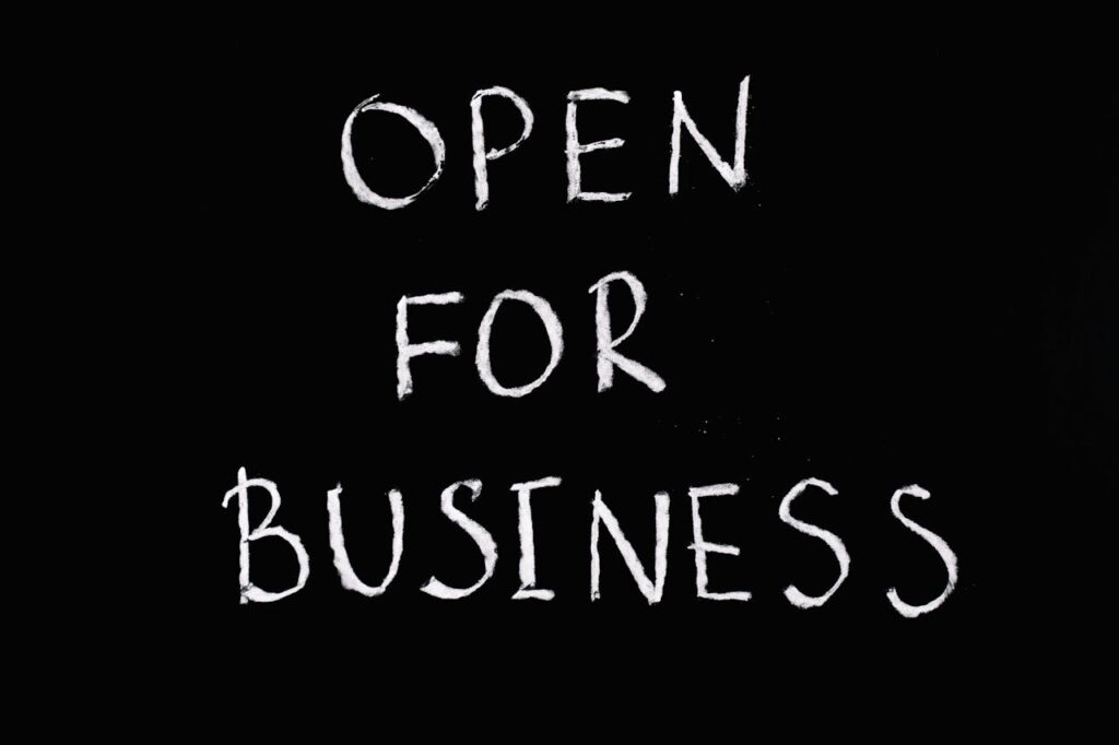 pexels photo 5697249 Chalkboard with 'Open for Business' text in white chalk on black background.